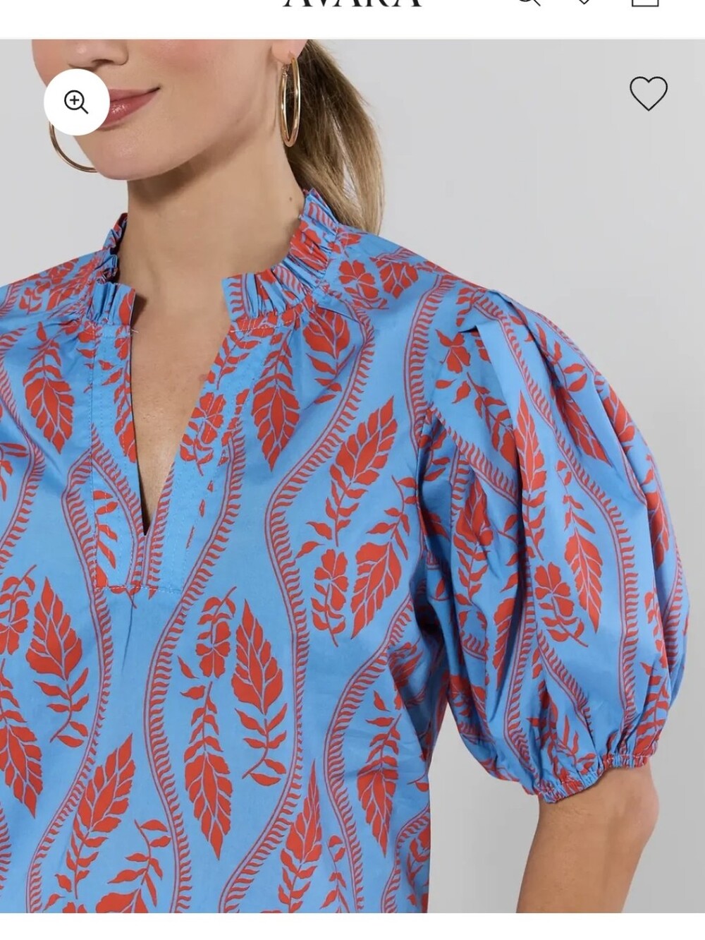 Avara Blue Botanical Print Ruffle-Neck Puff Sleeve Blouse - Picture 2 of 6